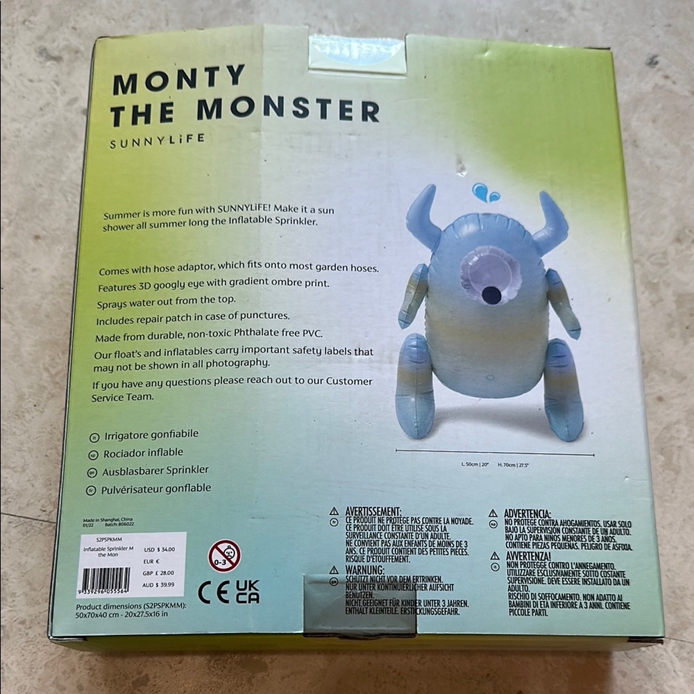 Sunnylife Monty the Monster Inflatable Sprinkler - Blue and White - Picture 2 of 3